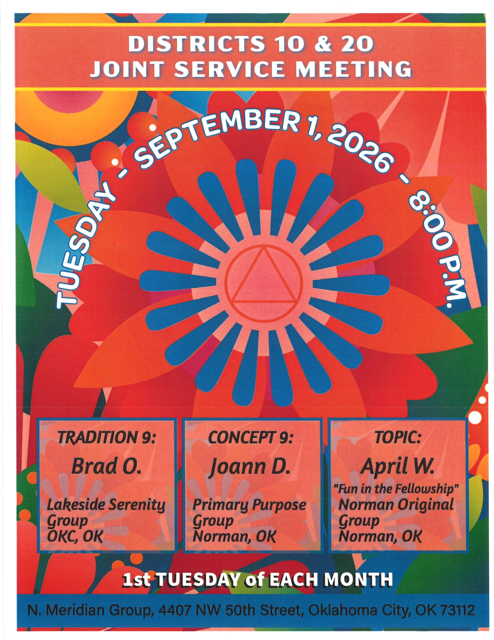 Colorful poster announcing Districts 10 & 20 Joint Service Meeting on Sept 1, 2026 at 8:00 PM; includes session blocks and address at bottom.
