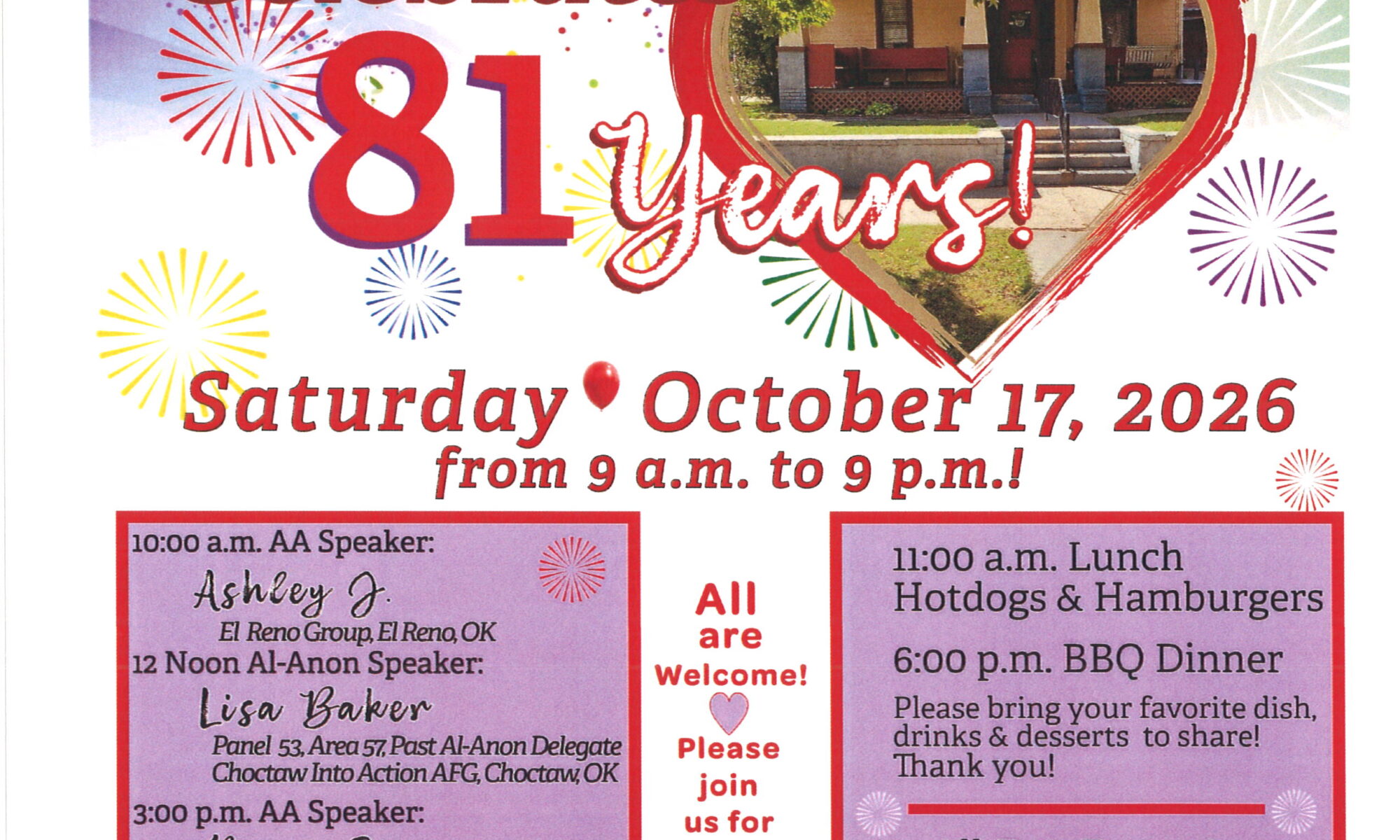 Colorful El Reno Group anniversary flyer: 'Celebrates 81 Years!' with a heart-shaped photo frame and event details.