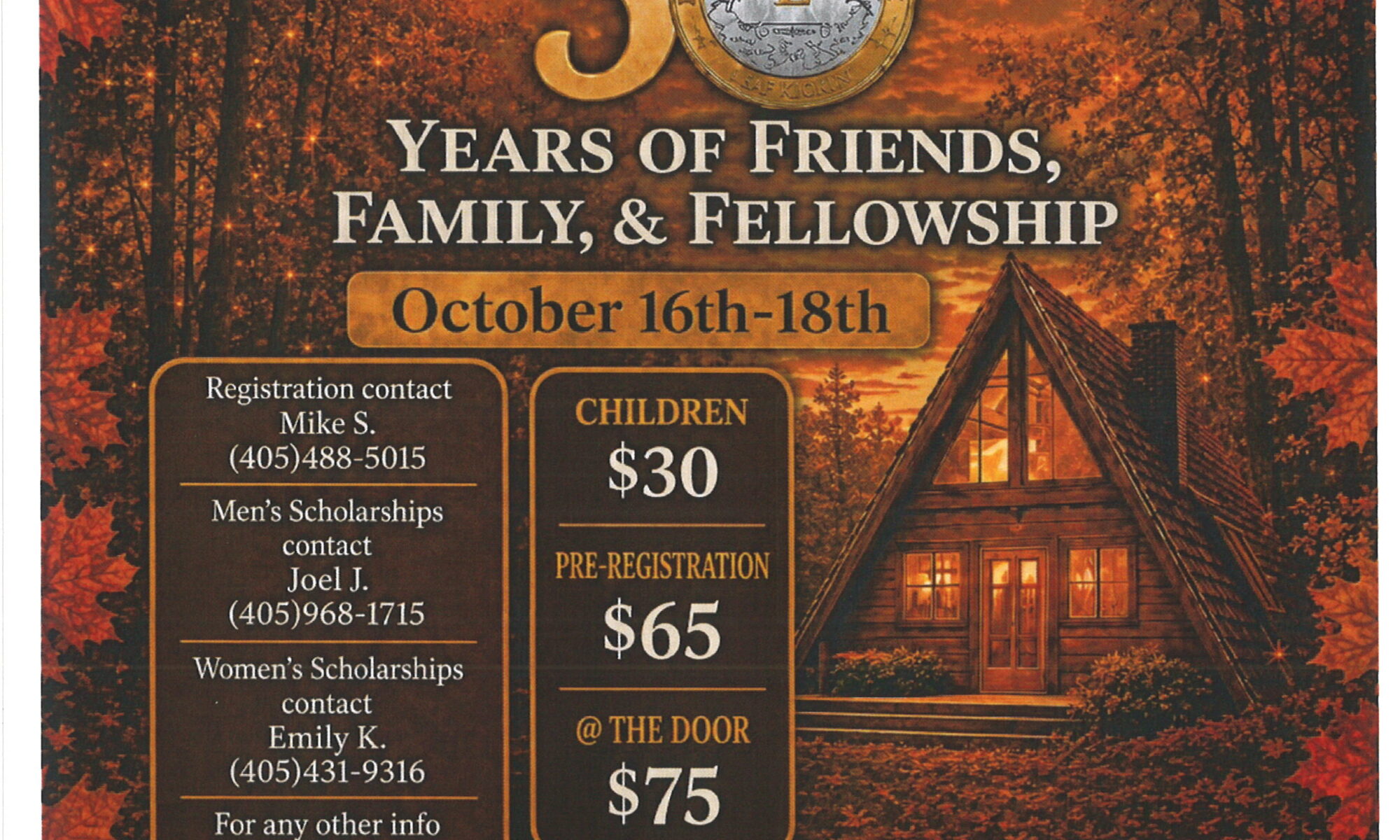 Autumn-themed event poster for Leaf Kickin’ 2026 with a large 50 coin graphic and dates October 16–18, promoting a recovery fundraiser.