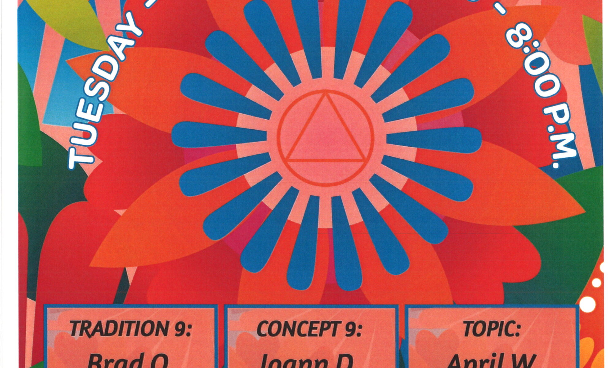 Colorful flyer announcing Districts 10 & 20 Joint Service Meeting on September 1, 2026 at 8:00 PM, with three boxed entries for Tradition, Concept, and Topic groups.
