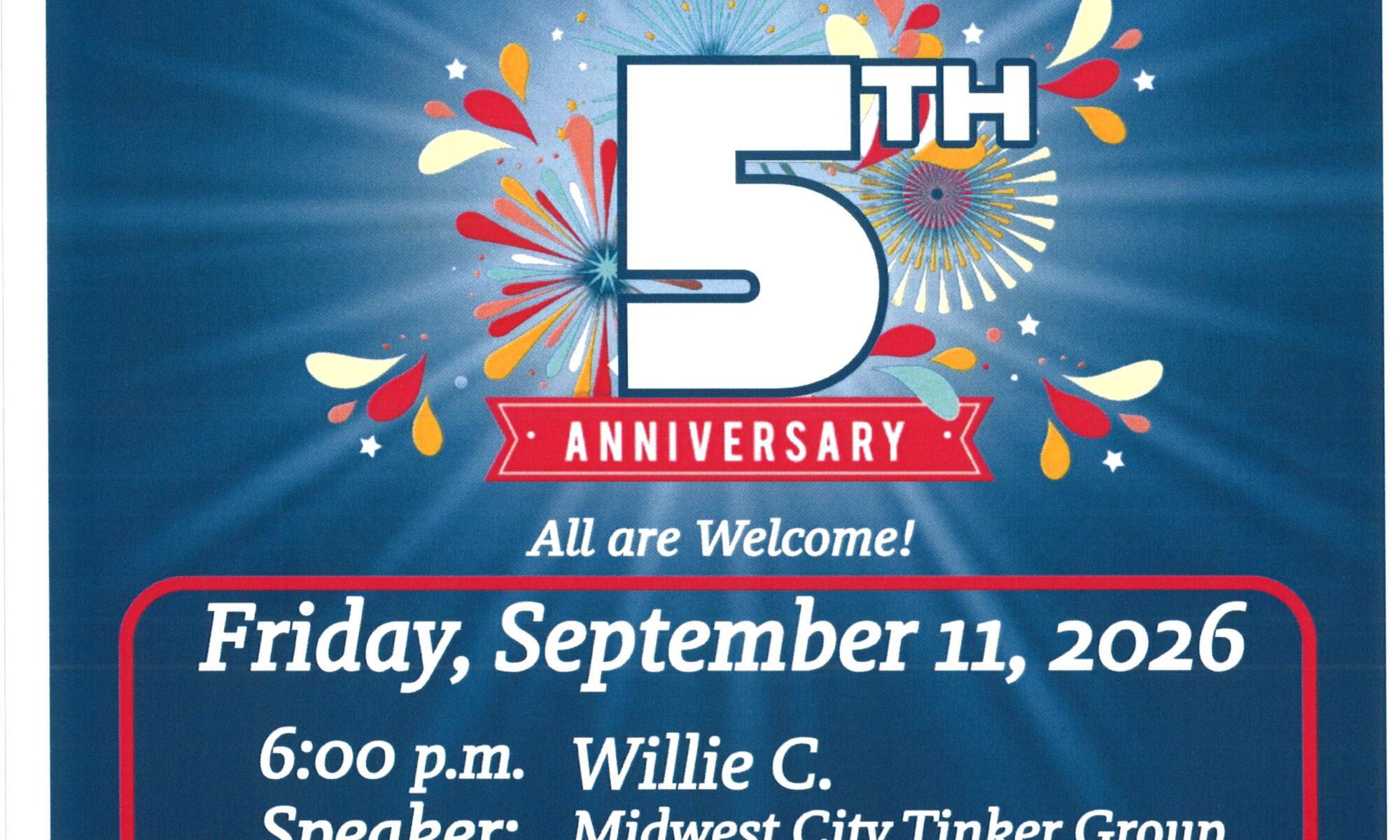 Poster announcing Del City Common Welfare Group's 5th anniversary, with date, time, and venue details.