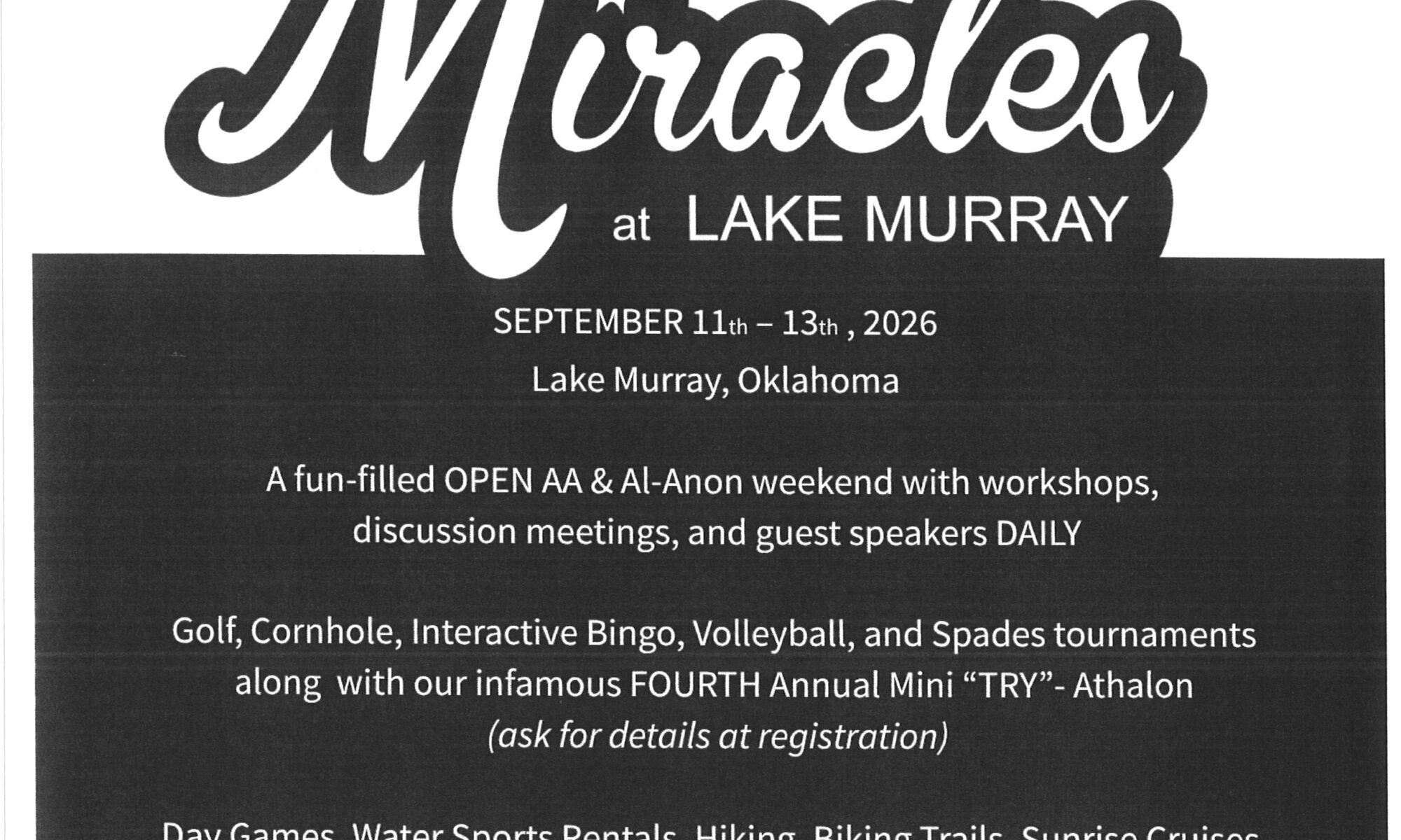 Event flyer for 'Miracles at Lake Murray' AA/Al-Anon conference, Lake Murray, Oklahoma, Sept 11–13, 2026, with a lakeside building image and large script 'Miracles' logo.