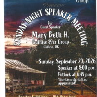 Event flyer for Old Homestead Group announcing a Sunday night speaker, featuring guest speaker Mary Beth H. from Guthrie, OK with date and time details and a potluck notice.
