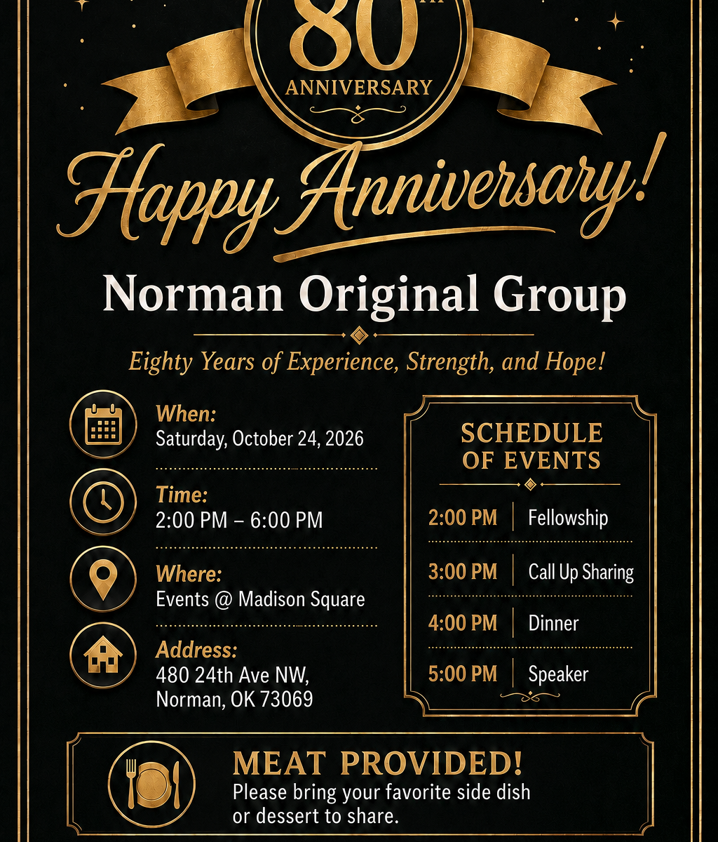 Gold 80th anniversary emblem with a curved ribbon and 'Happy Anniversary!' on a black, ornate poster detailing the Norman Original Group celebration and venue.