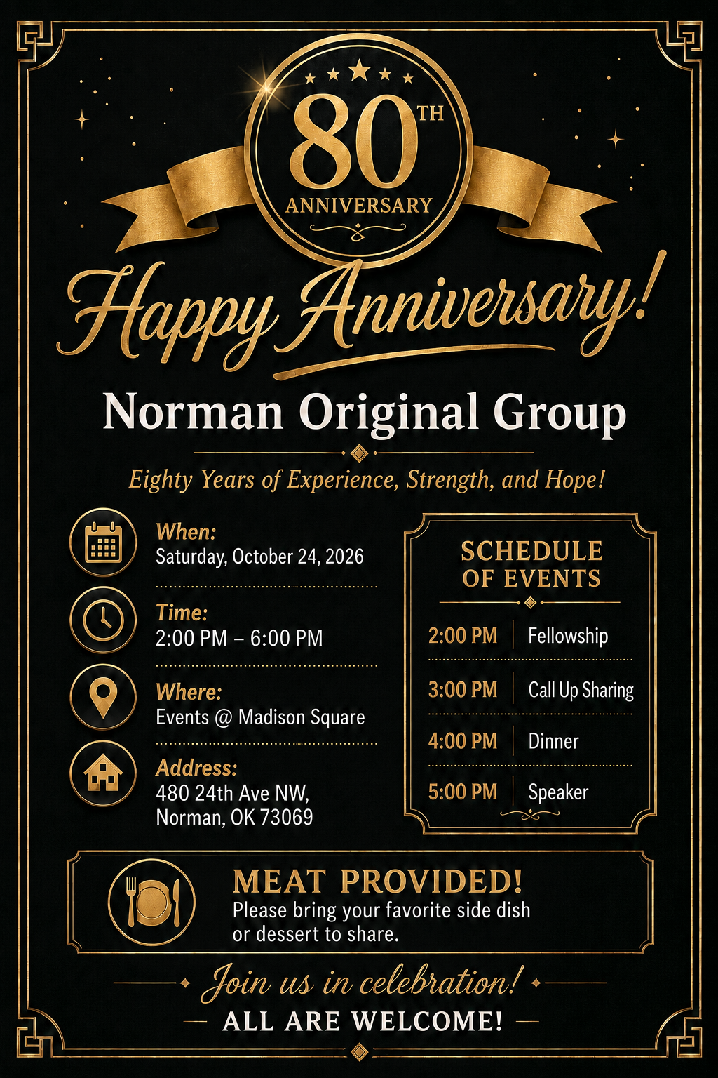 Gold 80th anniversary emblem with a curved ribbon and 'Happy Anniversary!' on a black, ornate poster detailing the Norman Original Group celebration and venue.